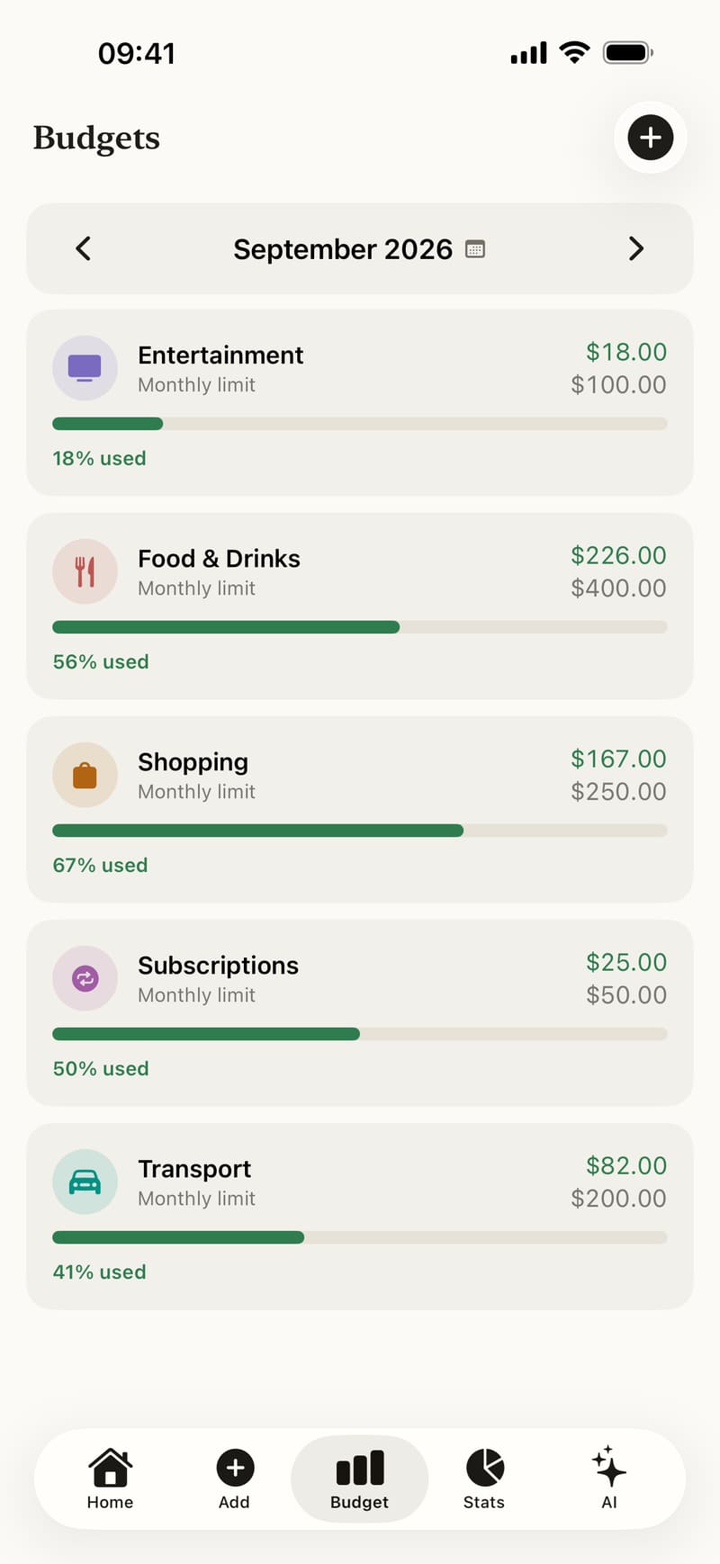 Monthly budgets per category with progress bars