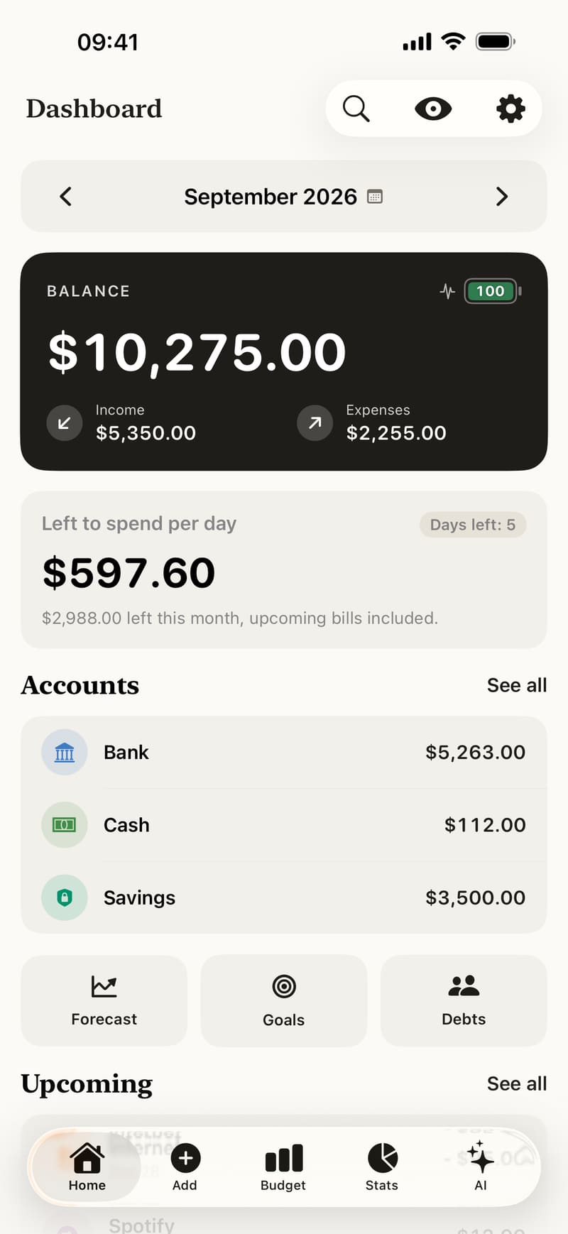 Fince dashboard: balance, Health Score, amount left to spend per day and accounts