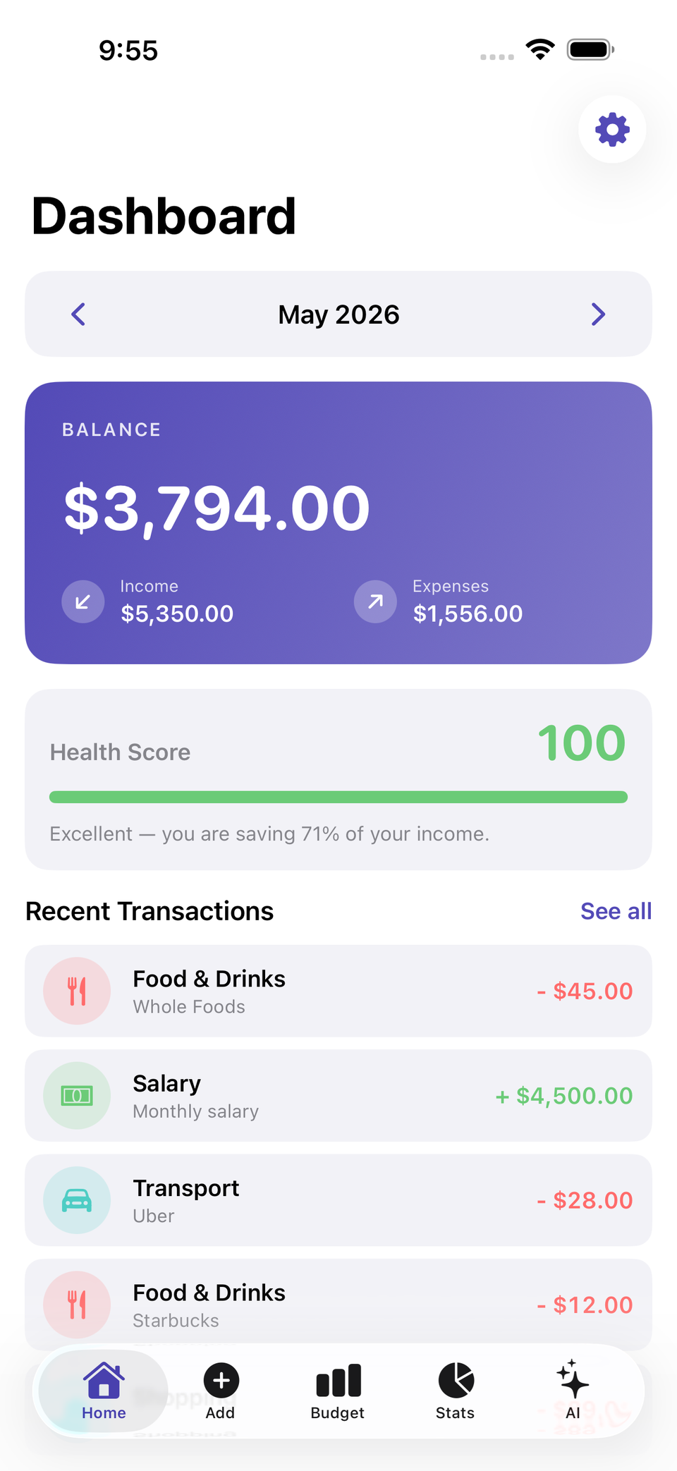 Fince dashboard showing monthly balance and recent transactions on iPhone