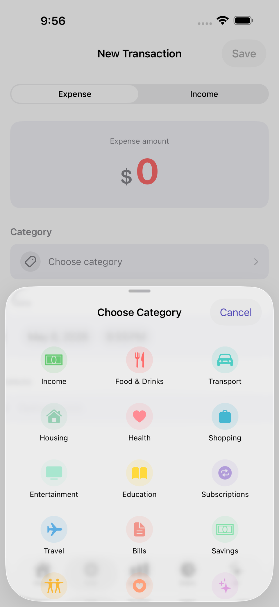 Adding a new transaction with category picker